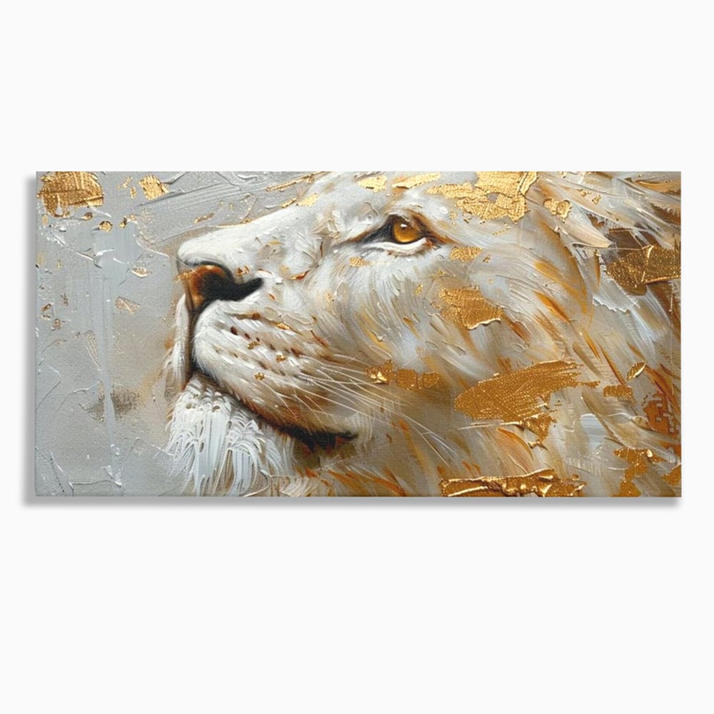 Tablou Canvas Premium, LuxCanva® M1363, Imparatul Alb, Auriu, Pictura, Arta Abstracta, Profil, Leu, Animal, Blana, Rege, Maretie, Sublim, Nobil, Puternic, Birou, Living, Camera Copil