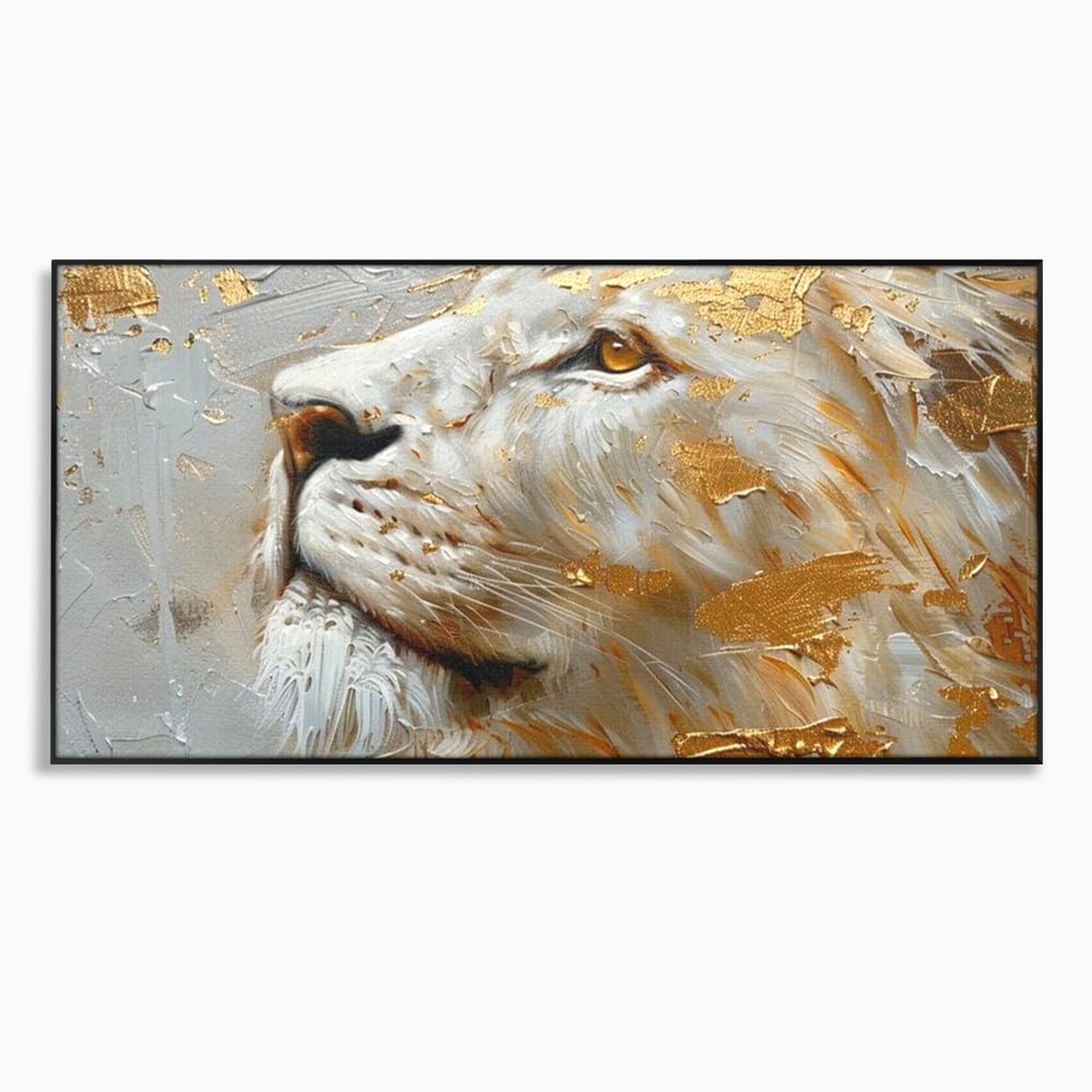 Tablou Canvas Premium, LuxCanva® M1363, Imparatul Alb, Auriu, Pictura, Arta Abstracta, Profil, Leu, Animal, Blana, Rege, Maretie, Sublim, Nobil, Puternic, Birou, Living, Camera Copil