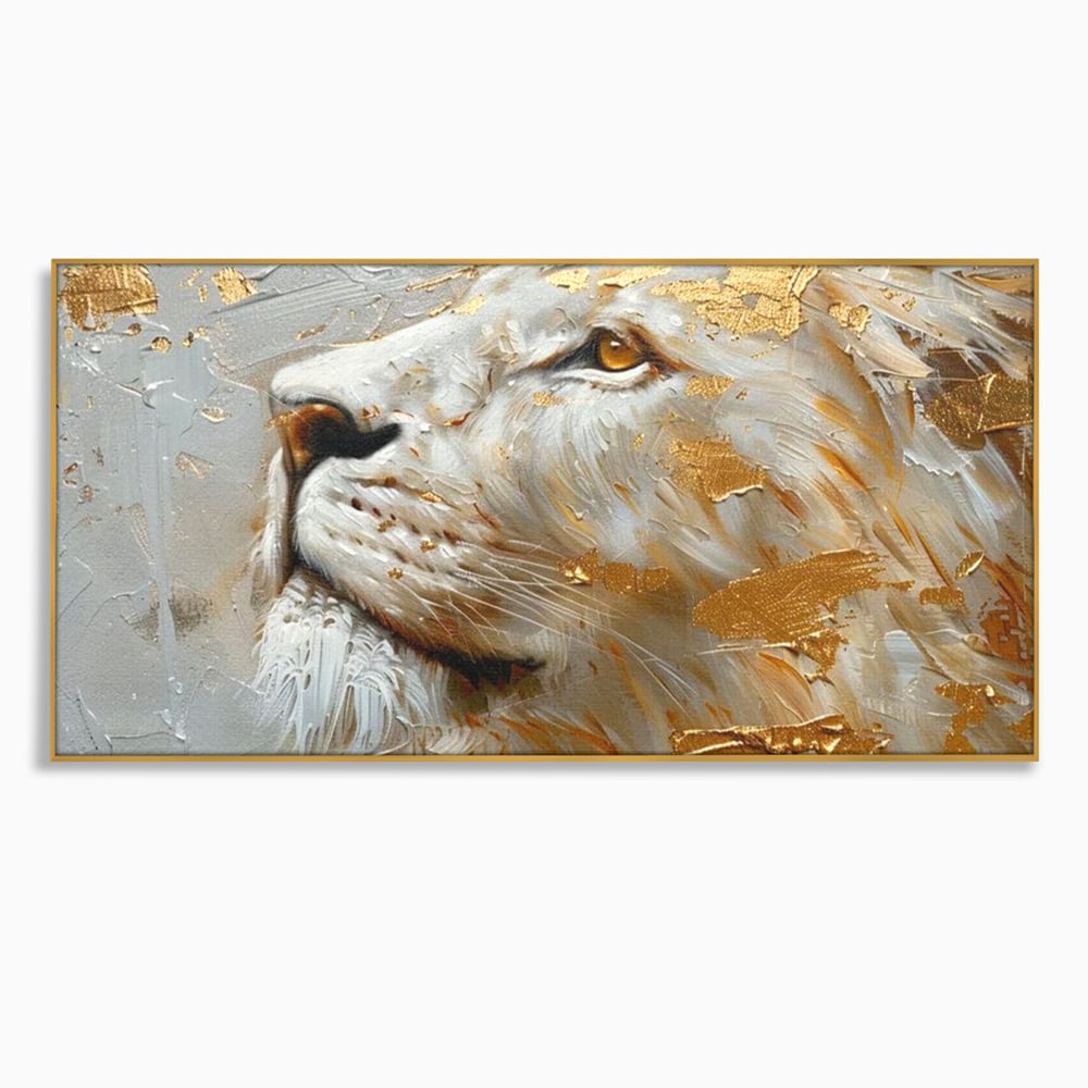 Tablou Canvas Premium, LuxCanva® M1363, Imparatul Alb, Auriu, Pictura, Arta Abstracta, Profil, Leu, Animal, Blana, Rege, Maretie, Sublim, Nobil, Puternic, Birou, Living, Camera Copil