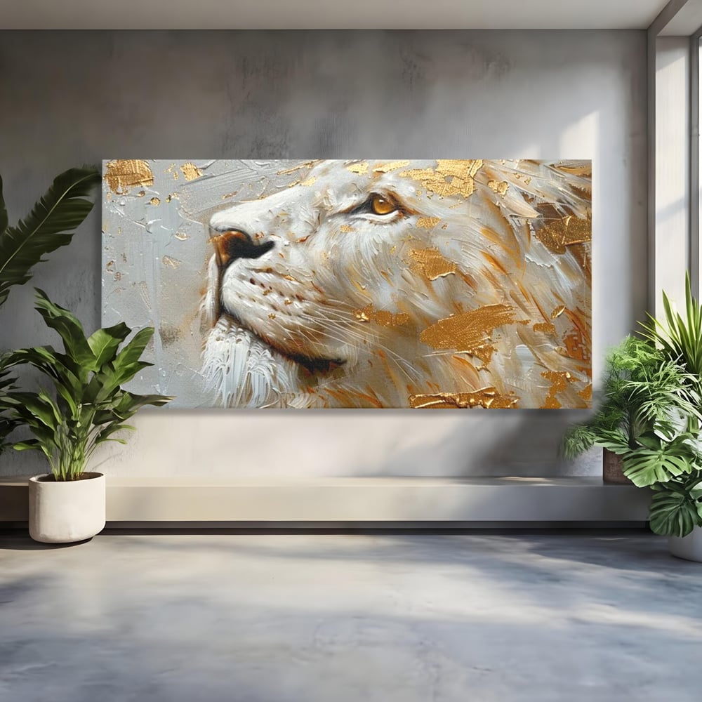 Tablou Canvas Premium, LuxCanva® M1363, Imparatul Alb, Auriu, Pictura, Arta Abstracta, Profil, Leu, Animal, Blana, Rege, Maretie, Sublim, Nobil, Puternic, Birou, Living, Camera Copil
