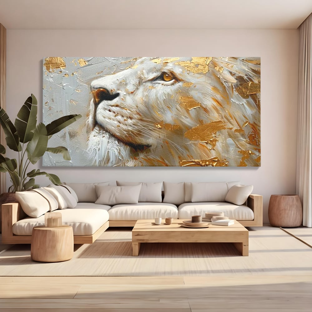 Tablou Canvas Premium, LuxCanva® M1363, Imparatul Alb, Auriu, Pictura, Arta Abstracta, Profil, Leu, Animal, Blana, Rege, Maretie, Sublim, Nobil, Puternic, Birou, Living, Camera Copil