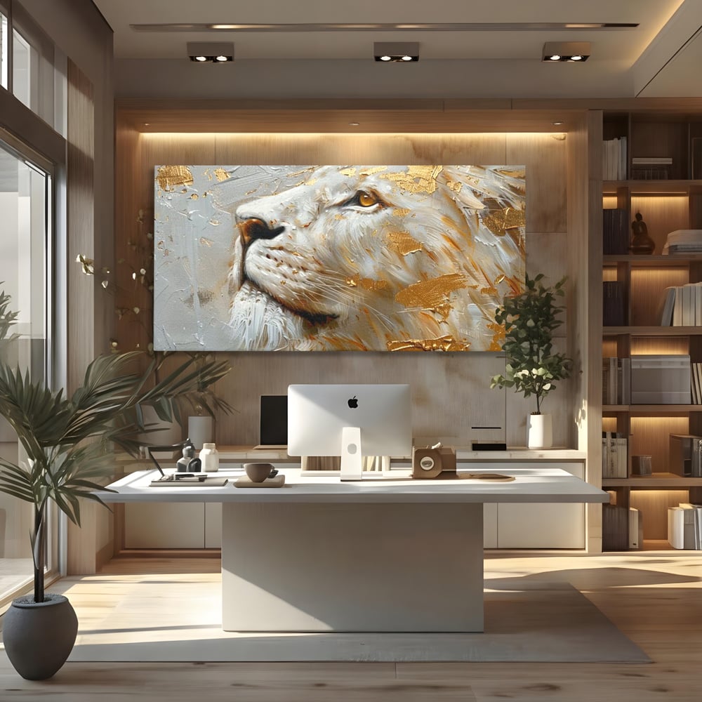 Tablou Canvas Premium, LuxCanva® M1363, Imparatul Alb, Auriu, Pictura, Arta Abstracta, Profil, Leu, Animal, Blana, Rege, Maretie, Sublim, Nobil, Puternic, Birou, Living, Camera Copil