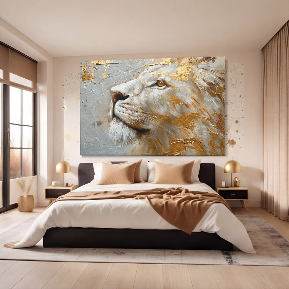 Tablou Canvas Premium, LuxCanva® M1363, Imparatul Alb, Auriu, Pictura, Arta Abstracta, Profil, Leu, Animal, Blana, Rege, Maretie, Sublim, Nobil, Puternic, Birou, Living, Camera Copil