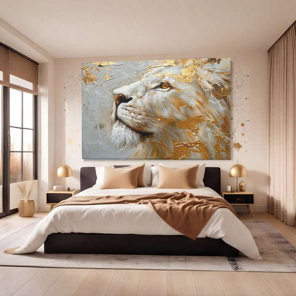 Tablou Canvas Premium, LuxCanva® M1363, Imparatul Alb, Auriu, Pictura, Arta Abstracta, Profil, Leu, Animal, Blana, Rege, Maretie, Sublim, Nobil, Puternic, Birou, Living, Camera Copil