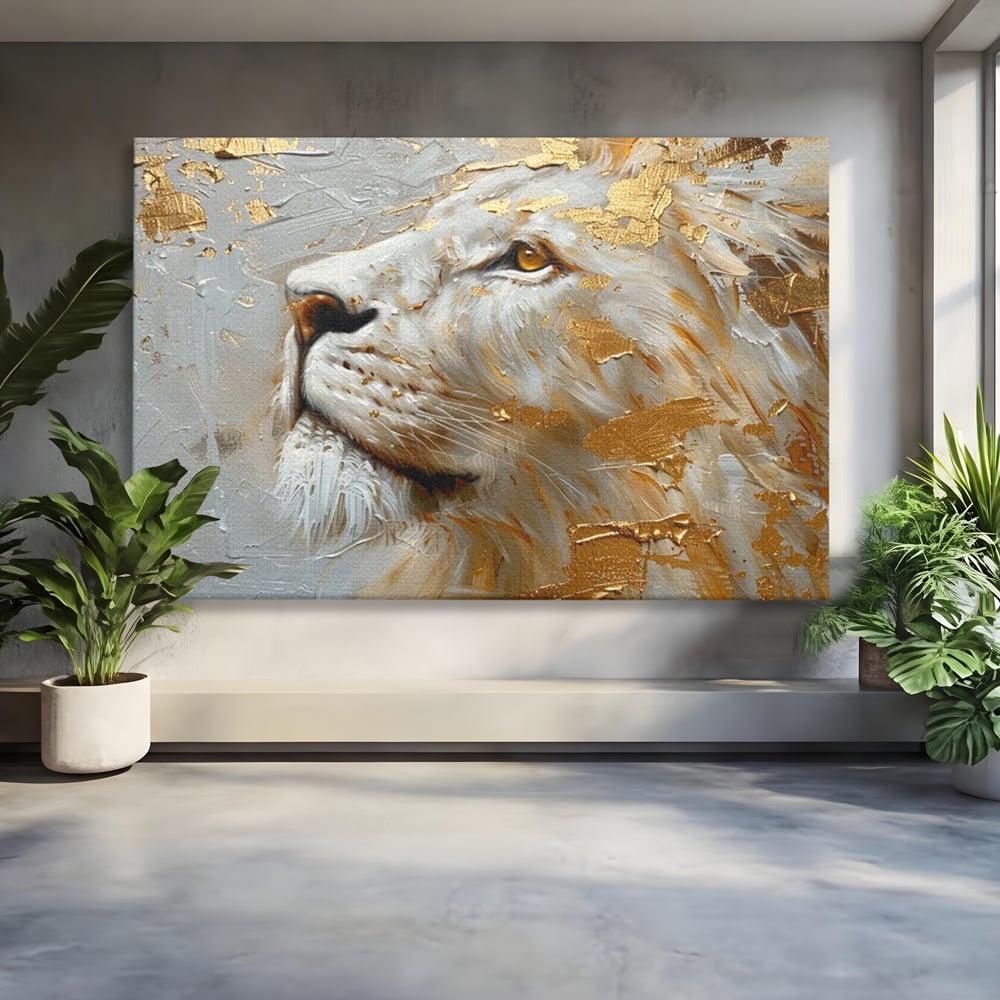 Tablou Canvas Premium, LuxCanva® M1363, Imparatul Alb, Auriu, Pictura, Arta Abstracta, Profil, Leu, Animal, Blana, Rege, Maretie, Sublim, Nobil, Puternic, Birou, Living, Camera Copil