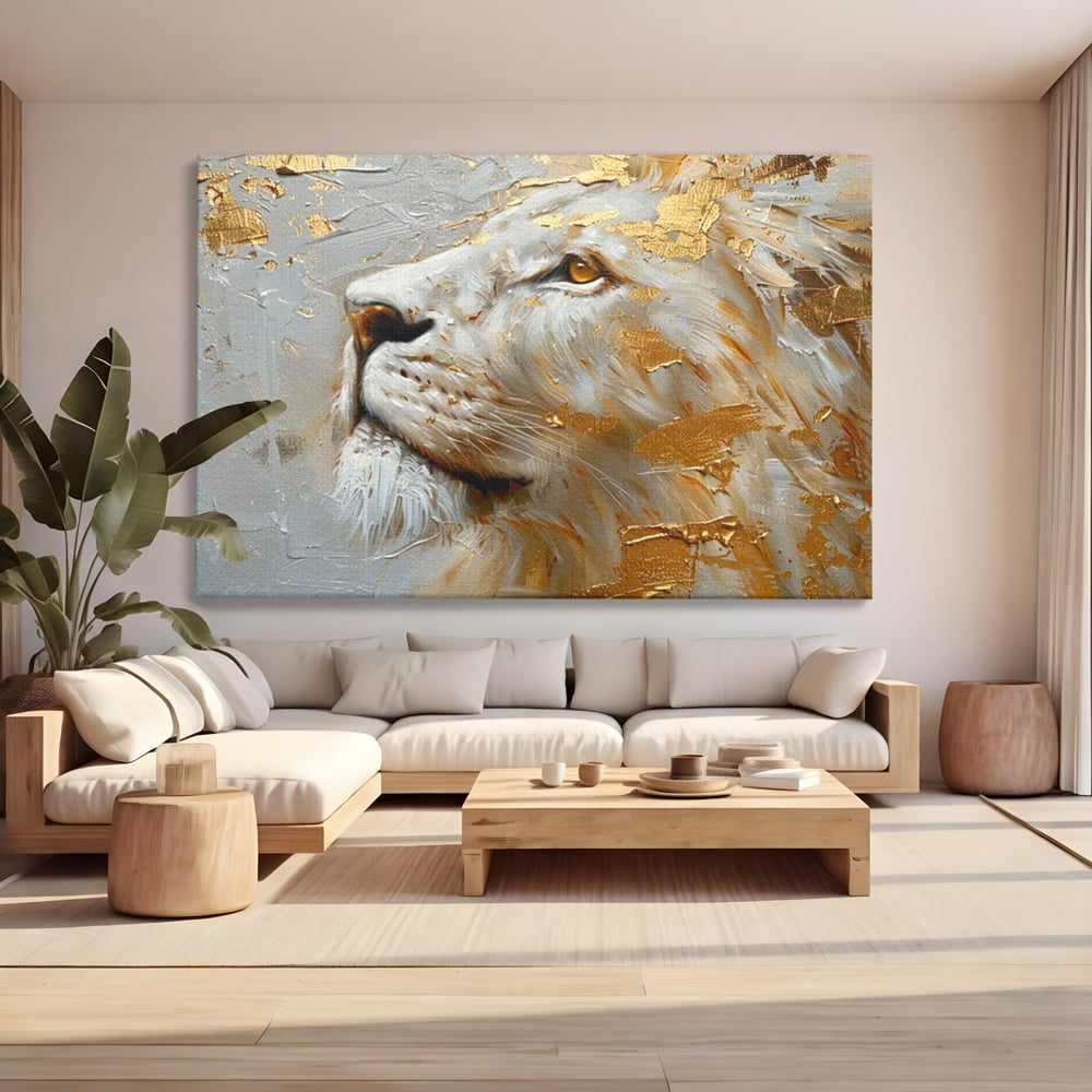 Tablou Canvas Premium, LuxCanva® M1363, Imparatul Alb, Auriu, Pictura, Arta Abstracta, Profil, Leu, Animal, Blana, Rege, Maretie, Sublim, Nobil, Puternic, Birou, Living, Camera Copil