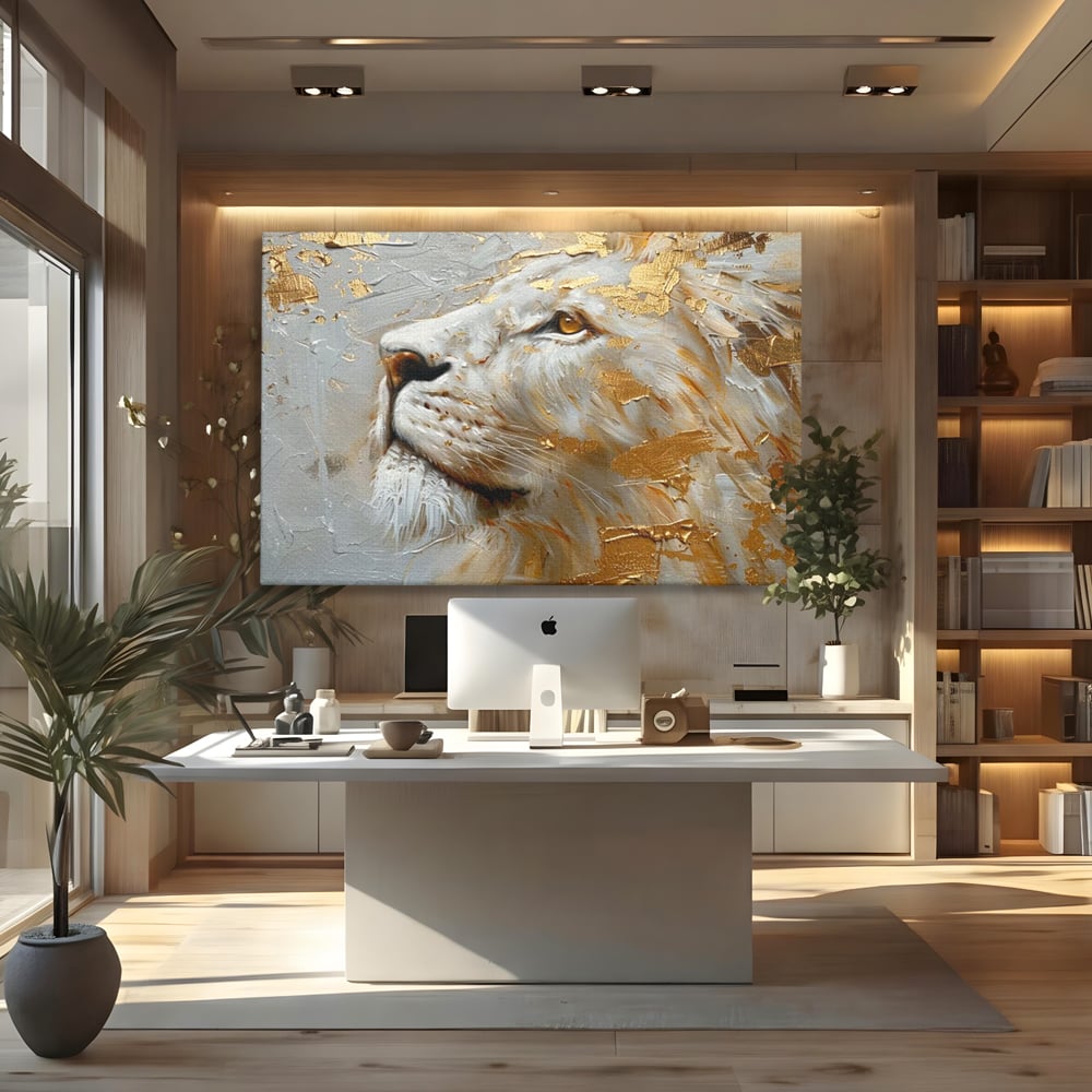 Tablou Canvas Premium, LuxCanva® M1363, Imparatul Alb, Auriu, Pictura, Arta Abstracta, Profil, Leu, Animal, Blana, Rege, Maretie, Sublim, Nobil, Puternic, Birou, Living, Camera Copil
