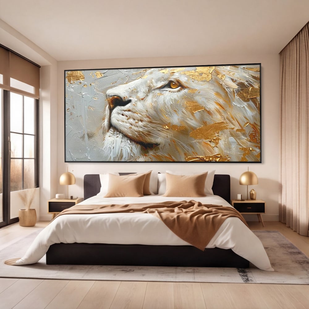 Tablou Canvas Premium, LuxCanva® M1363, Imparatul Alb, Auriu, Pictura, Arta Abstracta, Profil, Leu, Animal, Blana, Rege, Maretie, Sublim, Nobil, Puternic, Birou, Living, Camera Copil