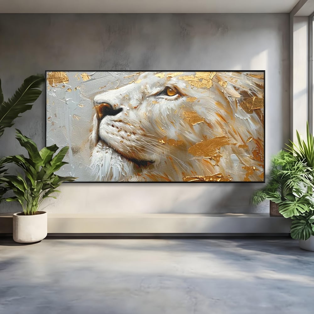 Tablou Canvas Premium, LuxCanva® M1363, Imparatul Alb, Auriu, Pictura, Arta Abstracta, Profil, Leu, Animal, Blana, Rege, Maretie, Sublim, Nobil, Puternic, Birou, Living, Camera Copil