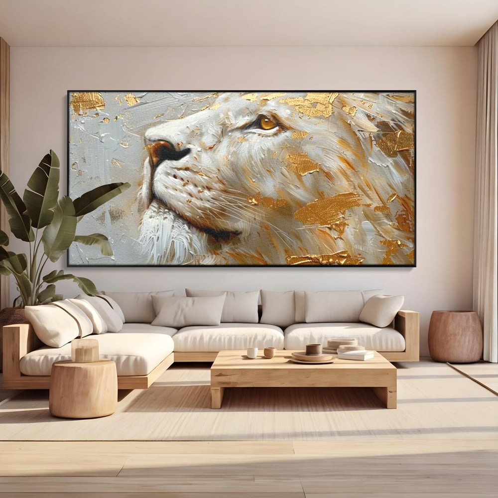 Tablou Canvas Premium, LuxCanva® M1363, Imparatul Alb, Auriu, Pictura, Arta Abstracta, Profil, Leu, Animal, Blana, Rege, Maretie, Sublim, Nobil, Puternic, Birou, Living, Camera Copil