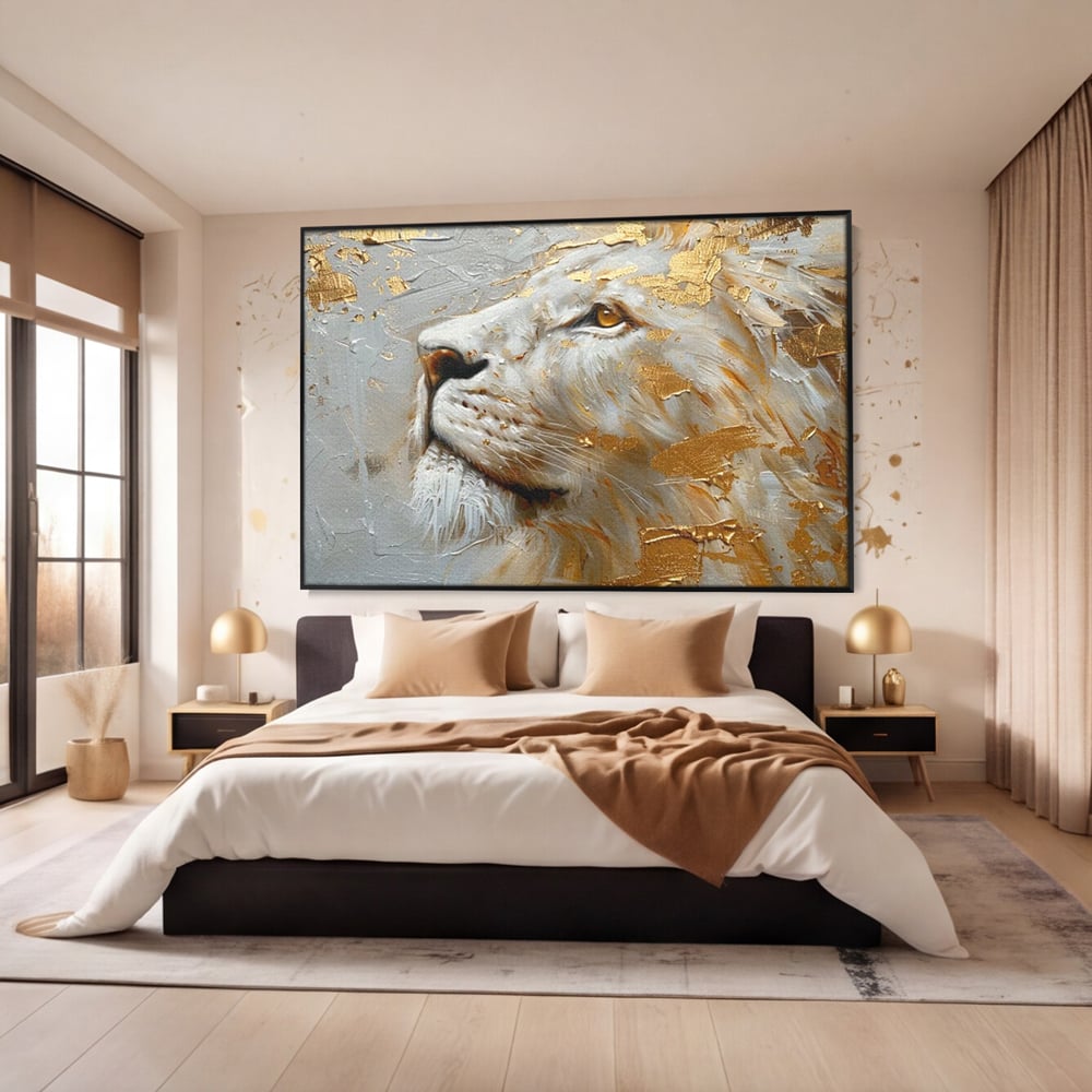 Tablou Canvas Premium, LuxCanva® M1363, Imparatul Alb, Auriu, Pictura, Arta Abstracta, Profil, Leu, Animal, Blana, Rege, Maretie, Sublim, Nobil, Puternic, Birou, Living, Camera Copil