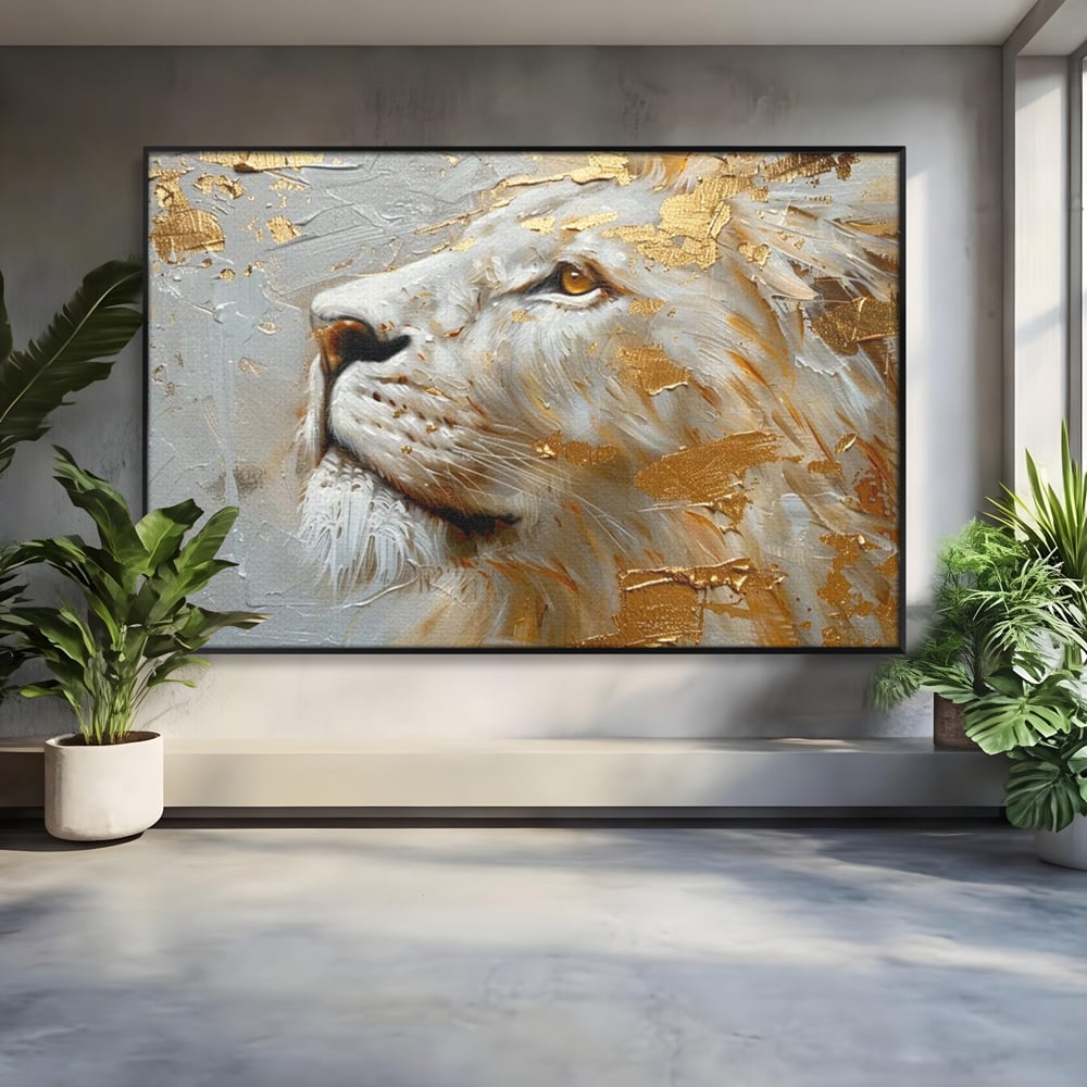 Tablou Canvas Premium, LuxCanva® M1363, Imparatul Alb, Auriu, Pictura, Arta Abstracta, Profil, Leu, Animal, Blana, Rege, Maretie, Sublim, Nobil, Puternic, Birou, Living, Camera Copil
