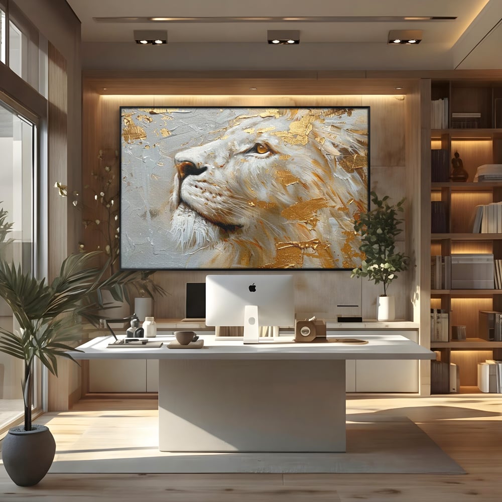 Tablou Canvas Premium, LuxCanva® M1363, Imparatul Alb, Auriu, Pictura, Arta Abstracta, Profil, Leu, Animal, Blana, Rege, Maretie, Sublim, Nobil, Puternic, Birou, Living, Camera Copil