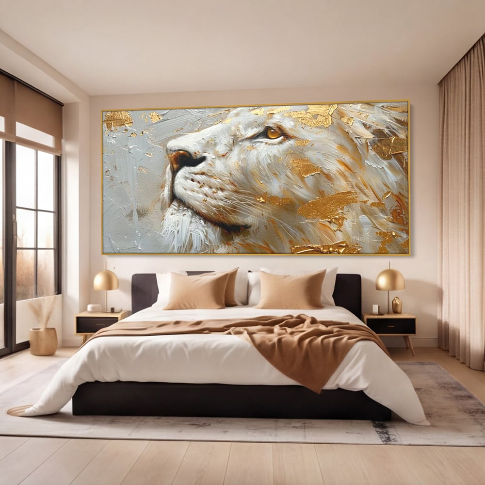 Tablou Canvas Premium, LuxCanva® M1363, Imparatul Alb, Auriu, Pictura, Arta Abstracta, Profil, Leu, Animal, Blana, Rege, Maretie, Sublim, Nobil, Puternic, Birou, Living, Camera Copil