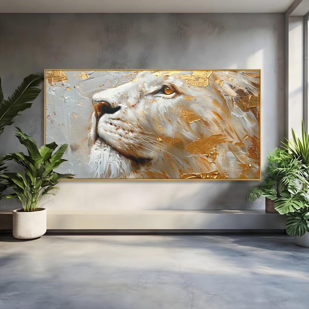 Tablou Canvas Premium, LuxCanva® M1363, Imparatul Alb, Auriu, Pictura, Arta Abstracta, Profil, Leu, Animal, Blana, Rege, Maretie, Sublim, Nobil, Puternic, Birou, Living, Camera Copil