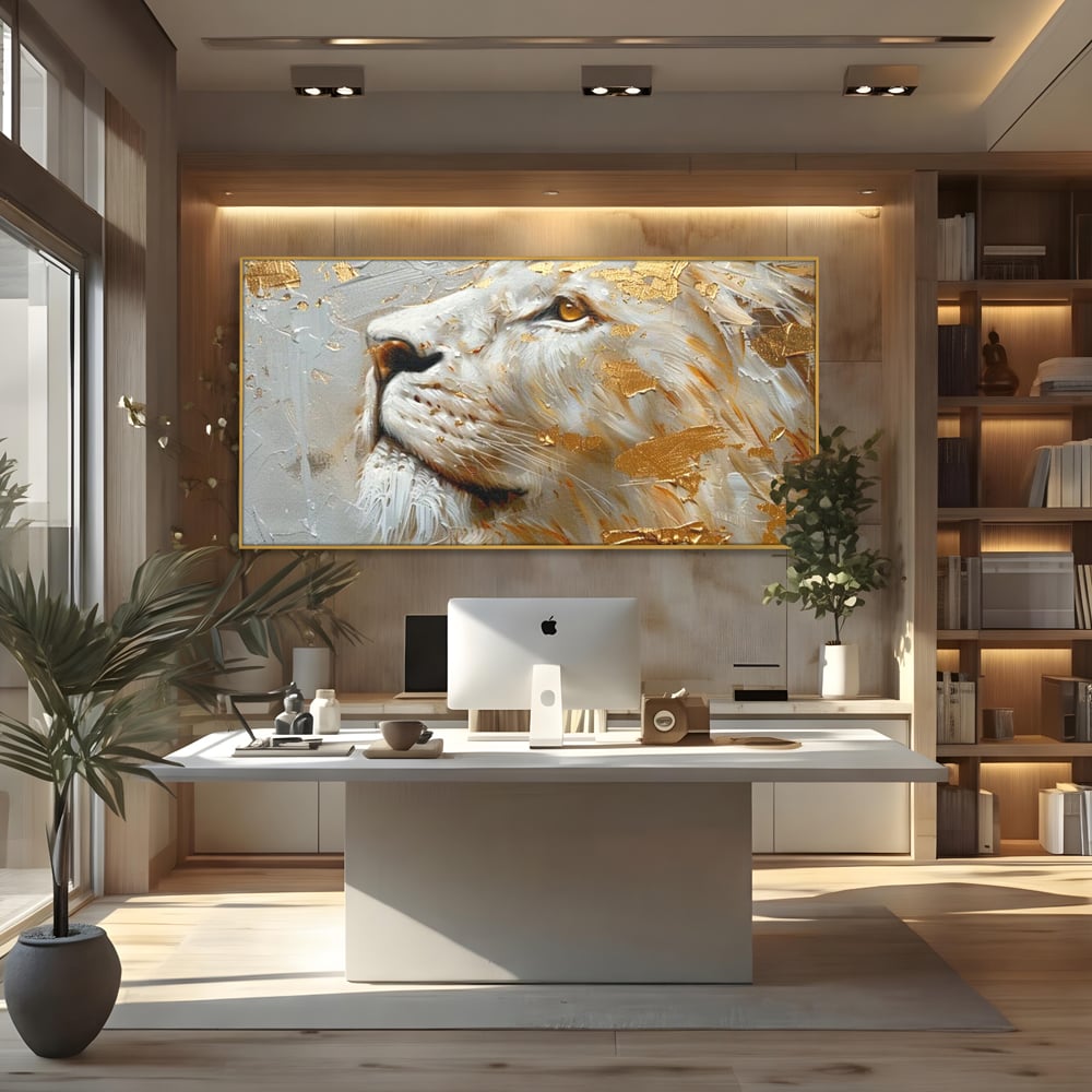 Tablou Canvas Premium, LuxCanva® M1363, Imparatul Alb, Auriu, Pictura, Arta Abstracta, Profil, Leu, Animal, Blana, Rege, Maretie, Sublim, Nobil, Puternic, Birou, Living, Camera Copil