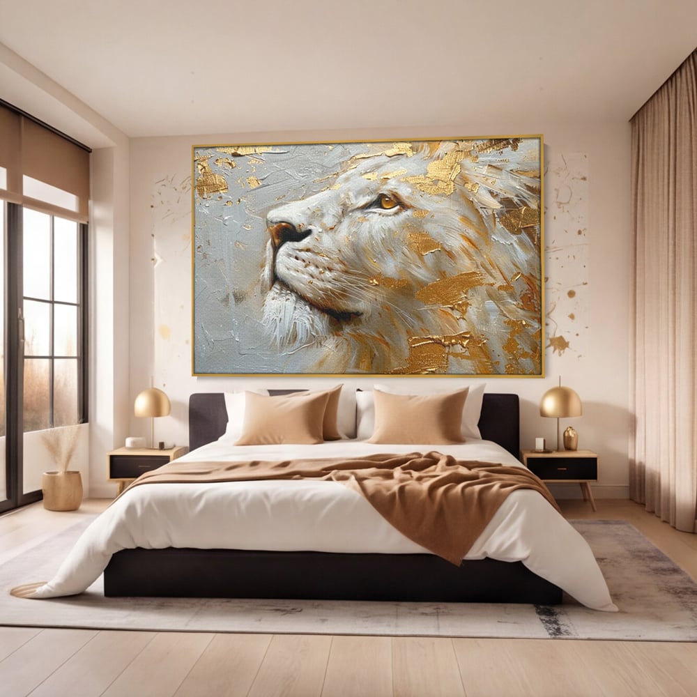 Tablou Canvas Premium, LuxCanva® M1363, Imparatul Alb, Auriu, Pictura, Arta Abstracta, Profil, Leu, Animal, Blana, Rege, Maretie, Sublim, Nobil, Puternic, Birou, Living, Camera Copil