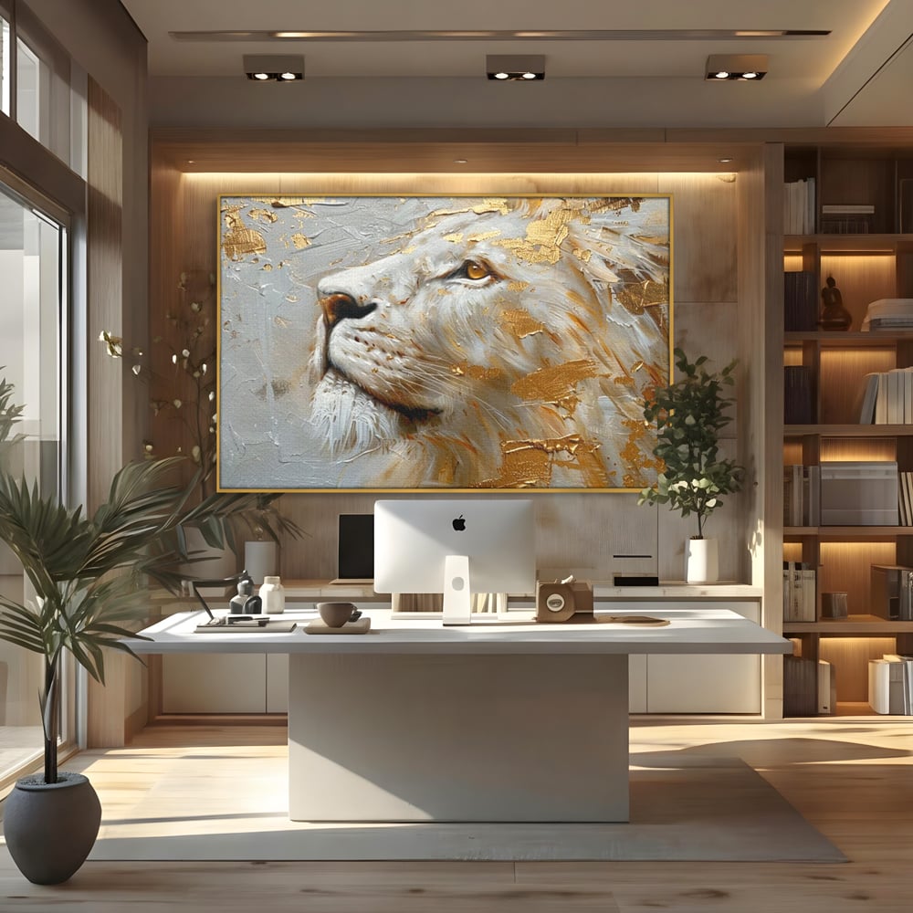 Tablou Canvas Premium, LuxCanva® M1363, Imparatul Alb, Auriu, Pictura, Arta Abstracta, Profil, Leu, Animal, Blana, Rege, Maretie, Sublim, Nobil, Puternic, Birou, Living, Camera Copil