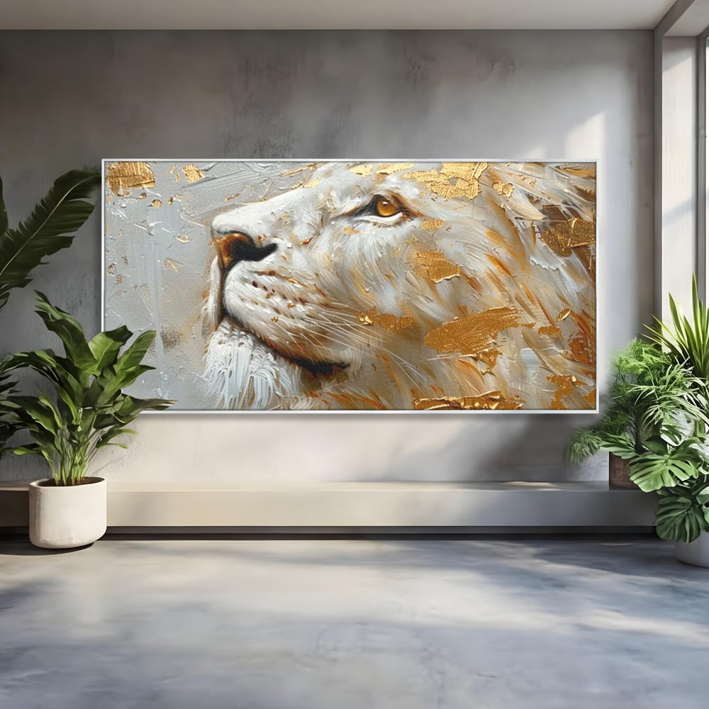 Tablou Canvas Premium, LuxCanva® M1363, Imparatul Alb, Auriu, Pictura, Arta Abstracta, Profil, Leu, Animal, Blana, Rege, Maretie, Sublim, Nobil, Puternic, Birou, Living, Camera Copil