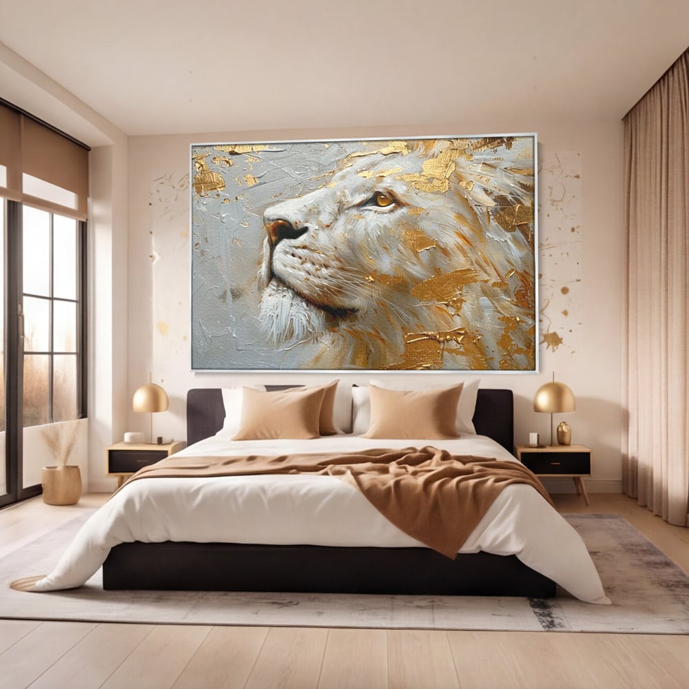 Tablou Canvas Premium, LuxCanva® M1363, Imparatul Alb, Auriu, Pictura, Arta Abstracta, Profil, Leu, Animal, Blana, Rege, Maretie, Sublim, Nobil, Puternic, Birou, Living, Camera Copil