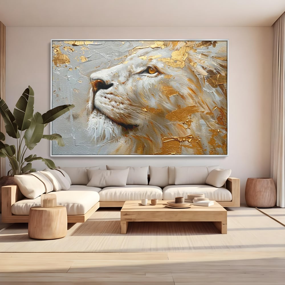 Tablou Canvas Premium, LuxCanva® M1363, Imparatul Alb, Auriu, Pictura, Arta Abstracta, Profil, Leu, Animal, Blana, Rege, Maretie, Sublim, Nobil, Puternic, Birou, Living, Camera Copil