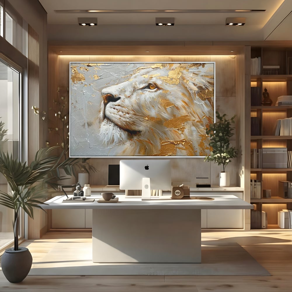 Tablou Canvas Premium, LuxCanva® M1363, Imparatul Alb, Auriu, Pictura, Arta Abstracta, Profil, Leu, Animal, Blana, Rege, Maretie, Sublim, Nobil, Puternic, Birou, Living, Camera Copil