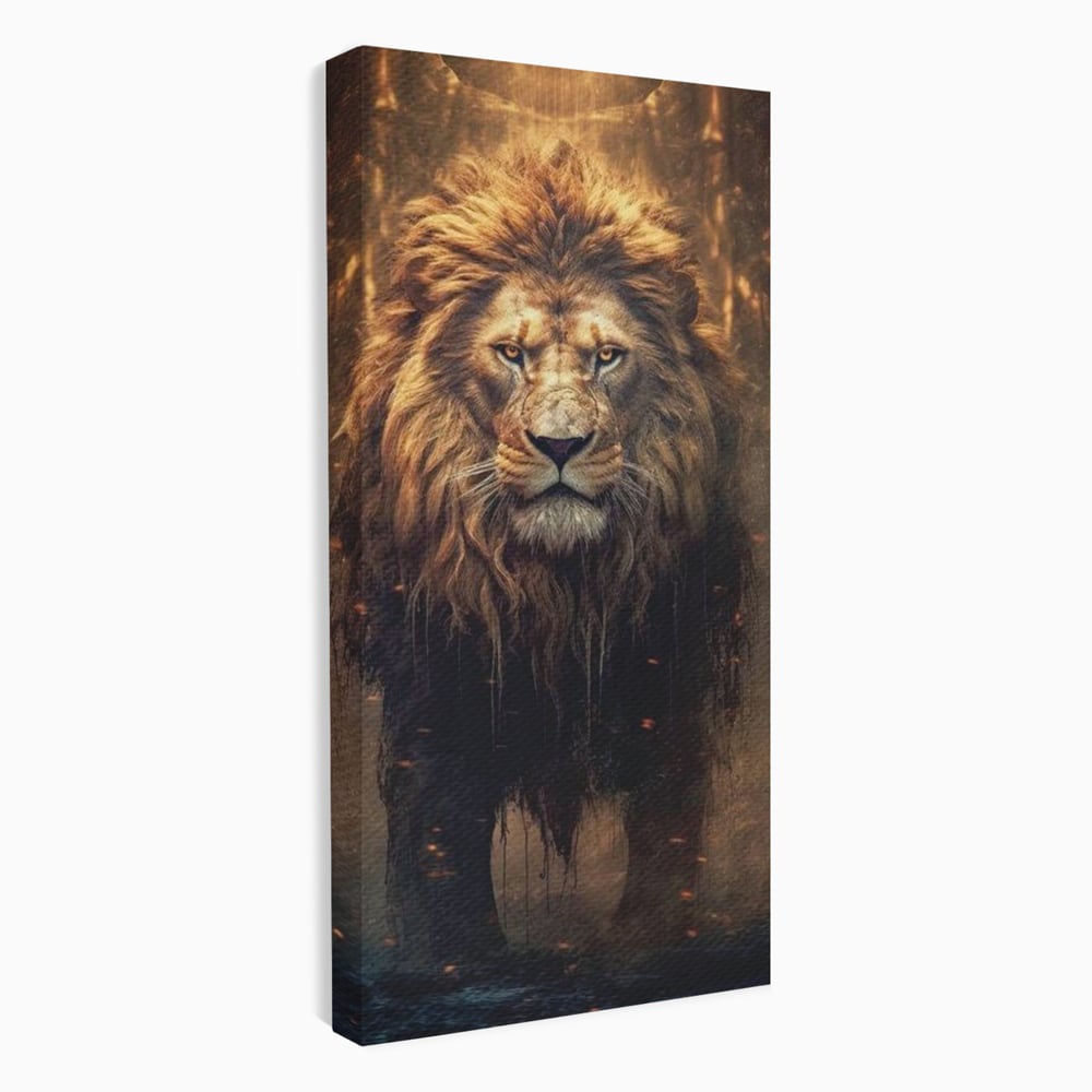 Leinwand Wandkunst Canvas Premium, LuxCanva® M1364, Geboren aus Feuer, Löwe, majestätisch, legendär, Krieger, Mut, Kraft, Geist, erhaben, Flammen, Büro, Wohnen, Kinderzimmer