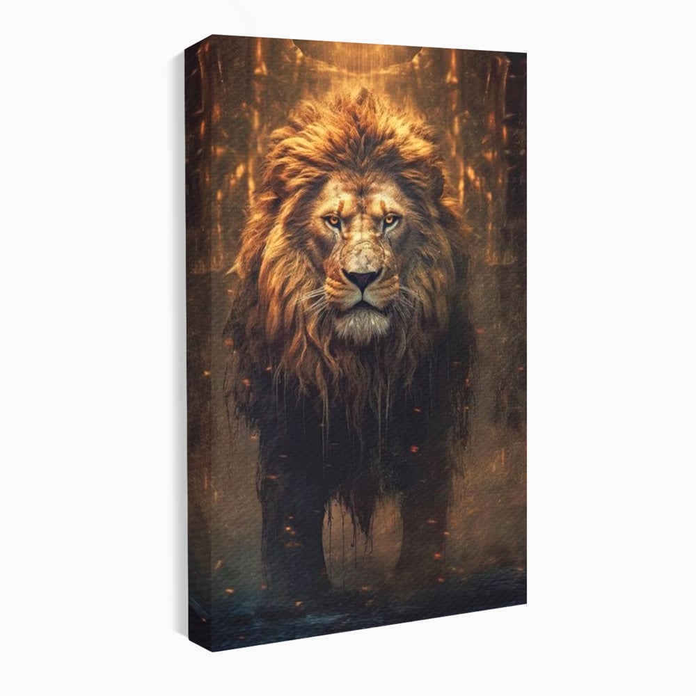 Leinwand Wandkunst Canvas Premium, LuxCanva® M1364, Geboren aus Feuer, Löwe, majestätisch, legendär, Krieger, Mut, Kraft, Geist, erhaben, Flammen, Büro, Wohnen, Kinderzimmer