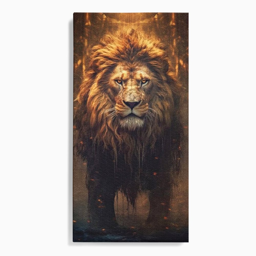 Leinwand Wandkunst Canvas Premium, LuxCanva® M1364, Geboren aus Feuer, Löwe, majestätisch, legendär, Krieger, Mut, Kraft, Geist, erhaben, Flammen, Büro, Wohnen, Kinderzimmer