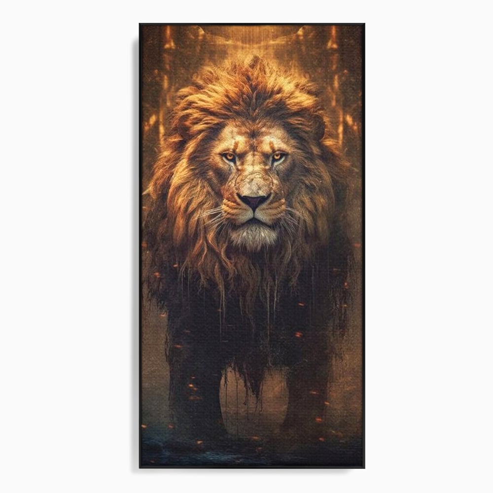 Leinwand Wandkunst Canvas Premium, LuxCanva® M1364, Geboren aus Feuer, Löwe, majestätisch, legendär, Krieger, Mut, Kraft, Geist, erhaben, Flammen, Büro, Wohnen, Kinderzimmer