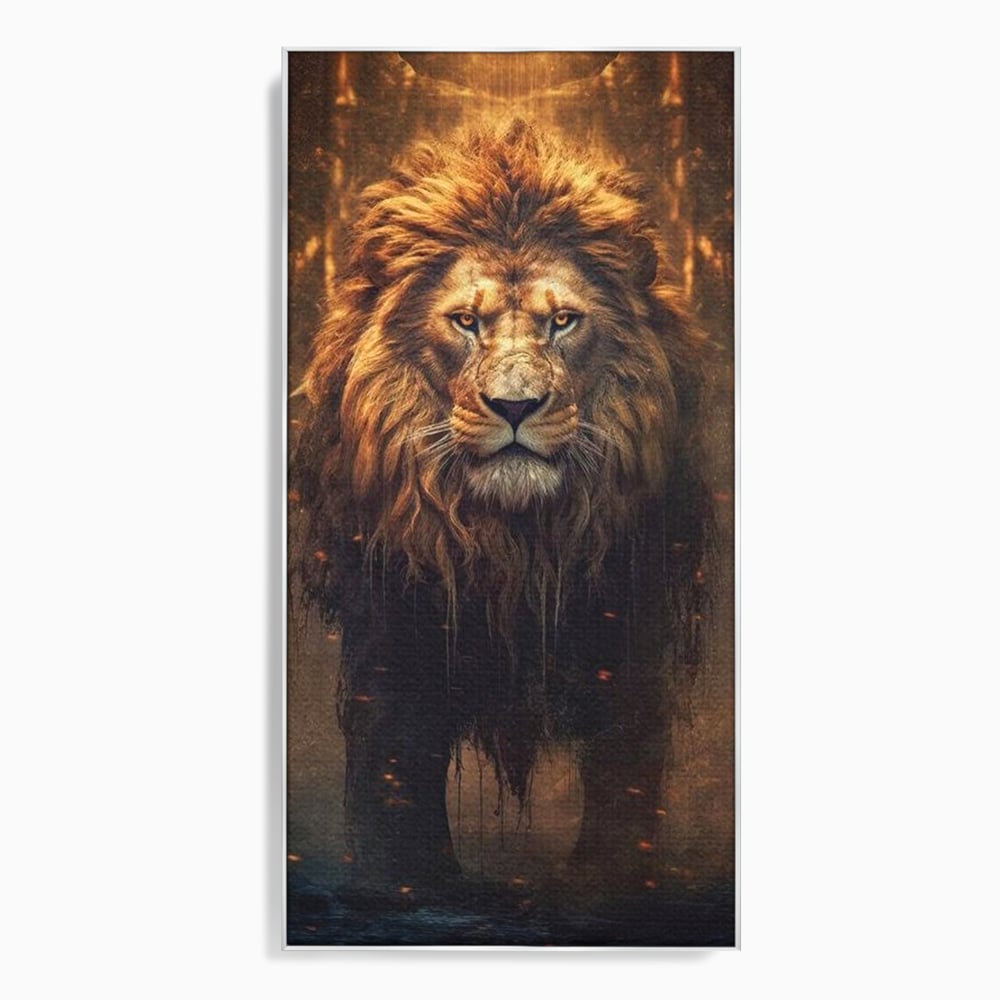 Leinwand Wandkunst Canvas Premium, LuxCanva® M1364, Geboren aus Feuer, Löwe, majestätisch, legendär, Krieger, Mut, Kraft, Geist, erhaben, Flammen, Büro, Wohnen, Kinderzimmer