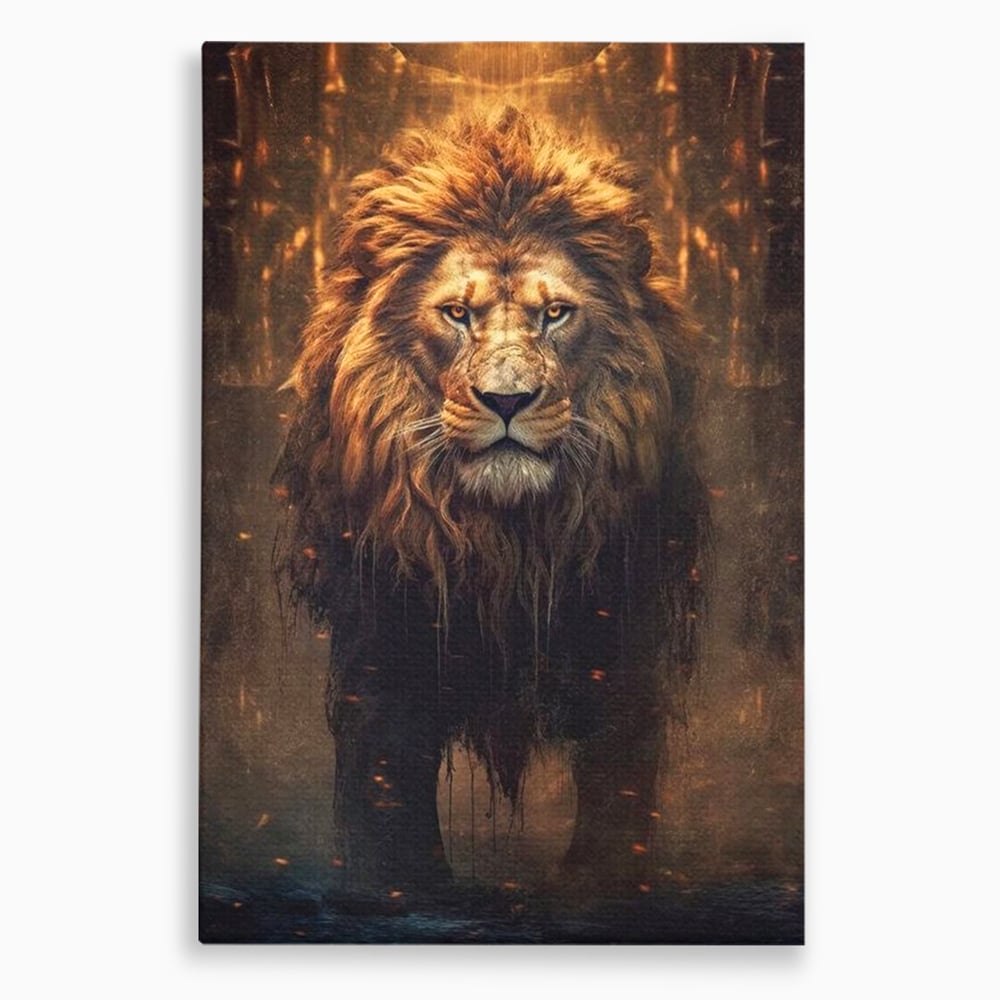 Leinwand Wandkunst Canvas Premium, LuxCanva® M1364, Geboren aus Feuer, Löwe, majestätisch, legendär, Krieger, Mut, Kraft, Geist, erhaben, Flammen, Büro, Wohnen, Kinderzimmer