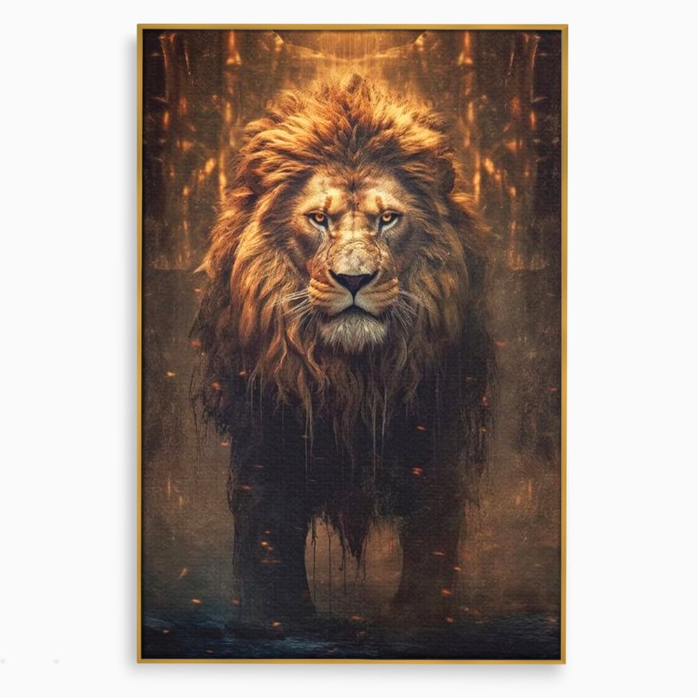 Leinwand Wandkunst Canvas Premium, LuxCanva® M1364, Geboren aus Feuer, Löwe, majestätisch, legendär, Krieger, Mut, Kraft, Geist, erhaben, Flammen, Büro, Wohnen, Kinderzimmer