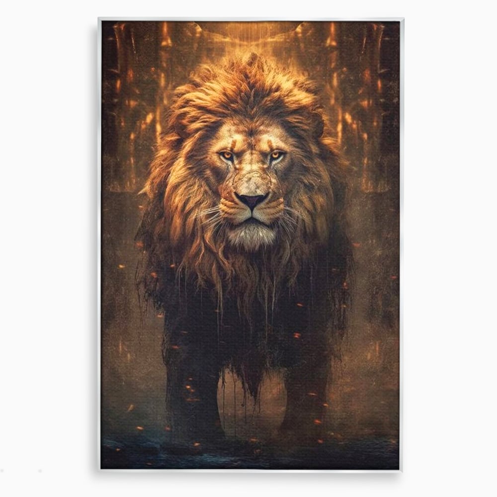 Leinwand Wandkunst Canvas Premium, LuxCanva® M1364, Geboren aus Feuer, Löwe, majestätisch, legendär, Krieger, Mut, Kraft, Geist, erhaben, Flammen, Büro, Wohnen, Kinderzimmer