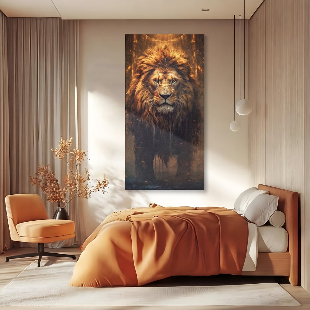 Leinwand Wandkunst Canvas Premium, LuxCanva® M1364, Geboren aus Feuer, Löwe, majestätisch, legendär, Krieger, Mut, Kraft, Geist, erhaben, Flammen, Büro, Wohnen, Kinderzimmer