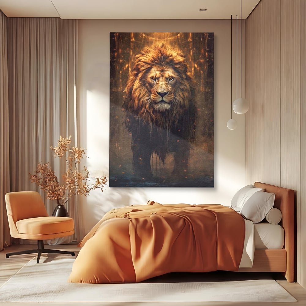 Leinwand Wandkunst Canvas Premium, LuxCanva® M1364, Geboren aus Feuer, Löwe, majestätisch, legendär, Krieger, Mut, Kraft, Geist, erhaben, Flammen, Büro, Wohnen, Kinderzimmer