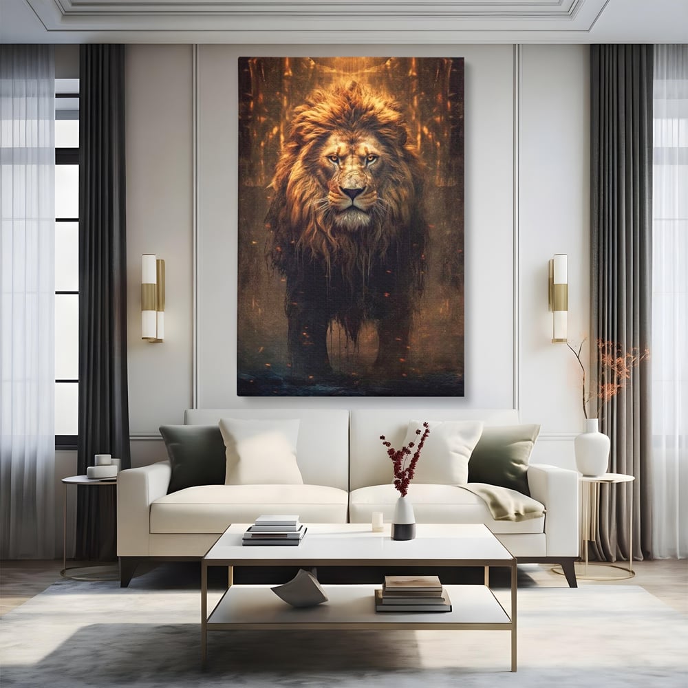 Leinwand Wandkunst Canvas Premium, LuxCanva® M1364, Geboren aus Feuer, Löwe, majestätisch, legendär, Krieger, Mut, Kraft, Geist, erhaben, Flammen, Büro, Wohnen, Kinderzimmer