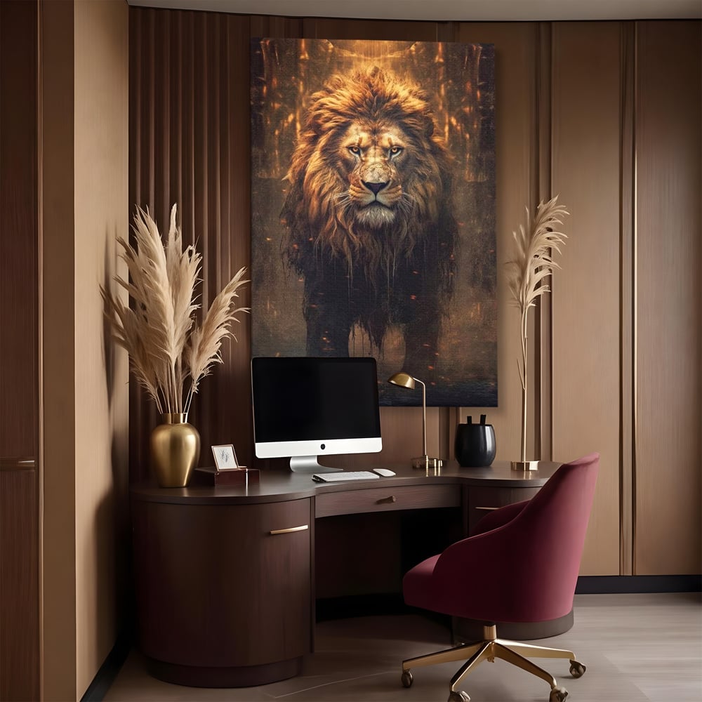 Leinwand Wandkunst Canvas Premium, LuxCanva® M1364, Geboren aus Feuer, Löwe, majestätisch, legendär, Krieger, Mut, Kraft, Geist, erhaben, Flammen, Büro, Wohnen, Kinderzimmer