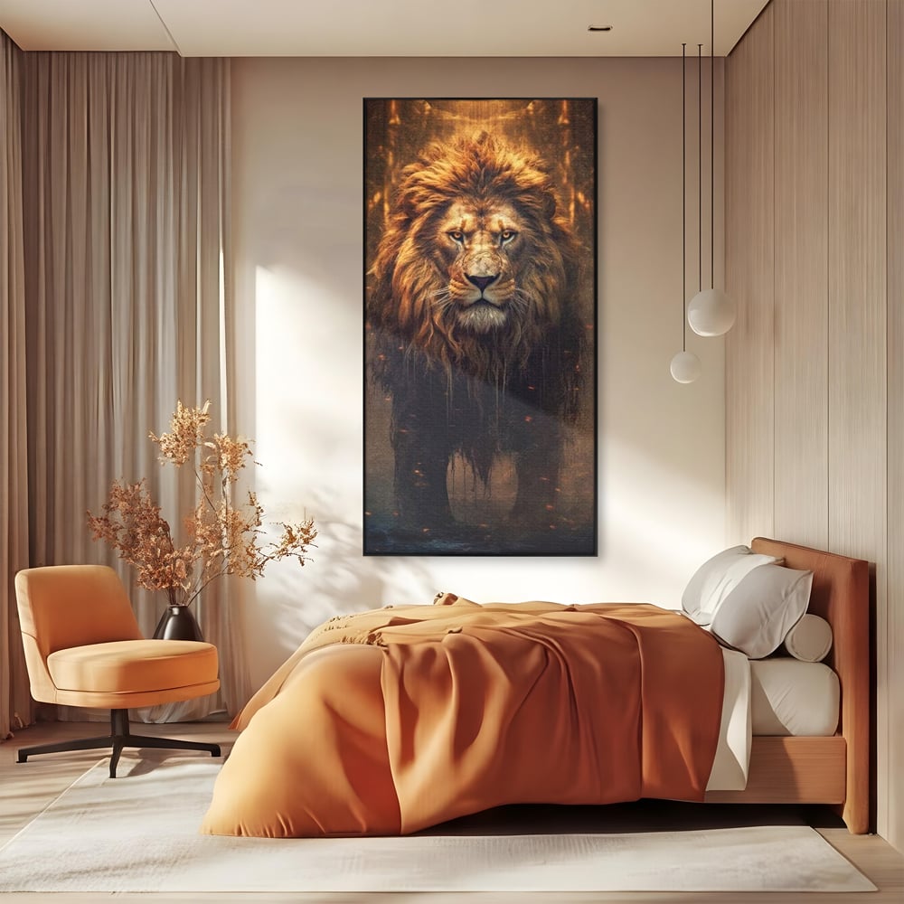 Leinwand Wandkunst Canvas Premium, LuxCanva® M1364, Geboren aus Feuer, Löwe, majestätisch, legendär, Krieger, Mut, Kraft, Geist, erhaben, Flammen, Büro, Wohnen, Kinderzimmer