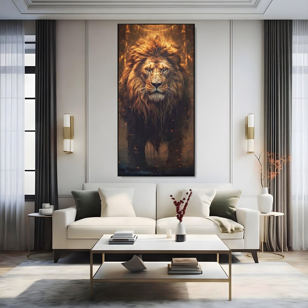 Leinwand Wandkunst Canvas Premium, LuxCanva® M1364, Geboren aus Feuer, Löwe, majestätisch, legendär, Krieger, Mut, Kraft, Geist, erhaben, Flammen, Büro, Wohnen, Kinderzimmer