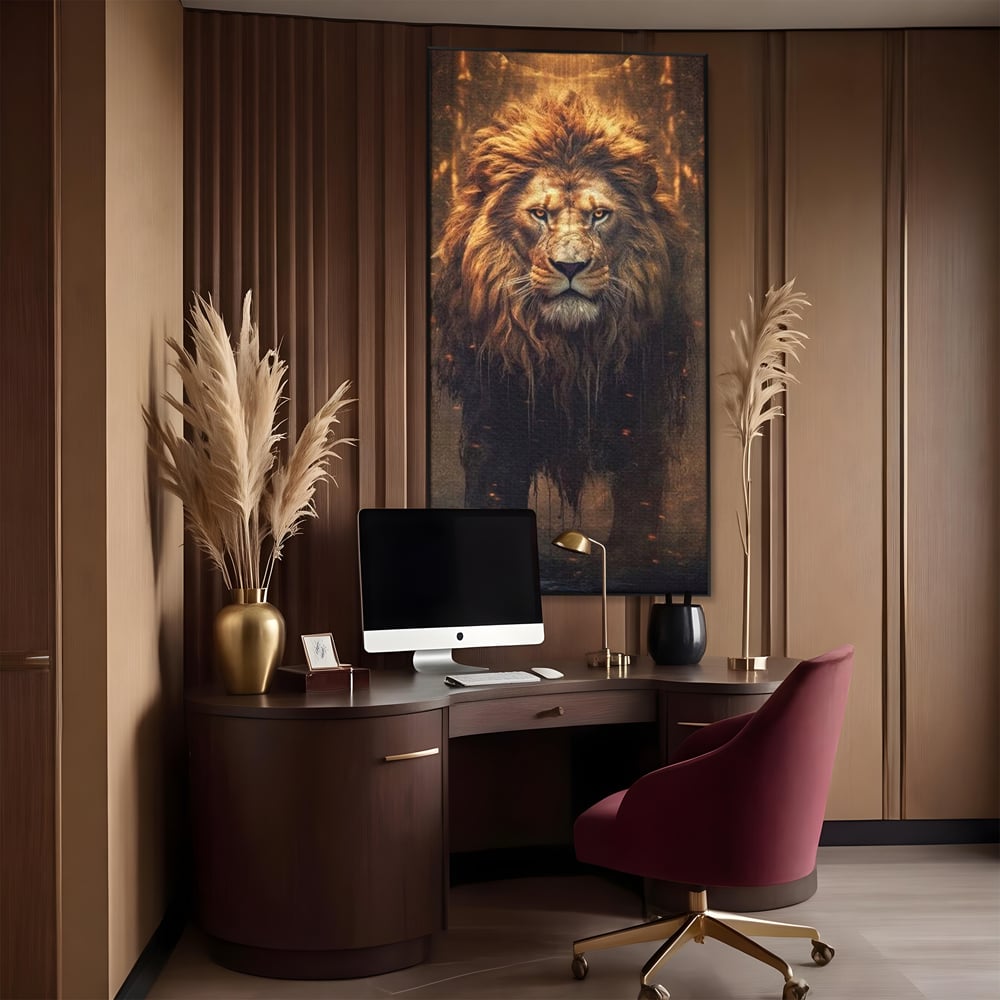 Leinwand Wandkunst Canvas Premium, LuxCanva® M1364, Geboren aus Feuer, Löwe, majestätisch, legendär, Krieger, Mut, Kraft, Geist, erhaben, Flammen, Büro, Wohnen, Kinderzimmer