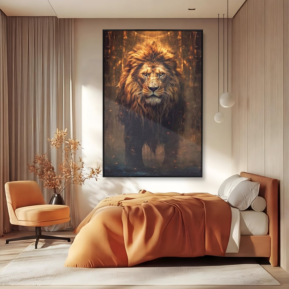 Leinwand Wandkunst Canvas Premium, LuxCanva® M1364, Geboren aus Feuer, Löwe, majestätisch, legendär, Krieger, Mut, Kraft, Geist, erhaben, Flammen, Büro, Wohnen, Kinderzimmer