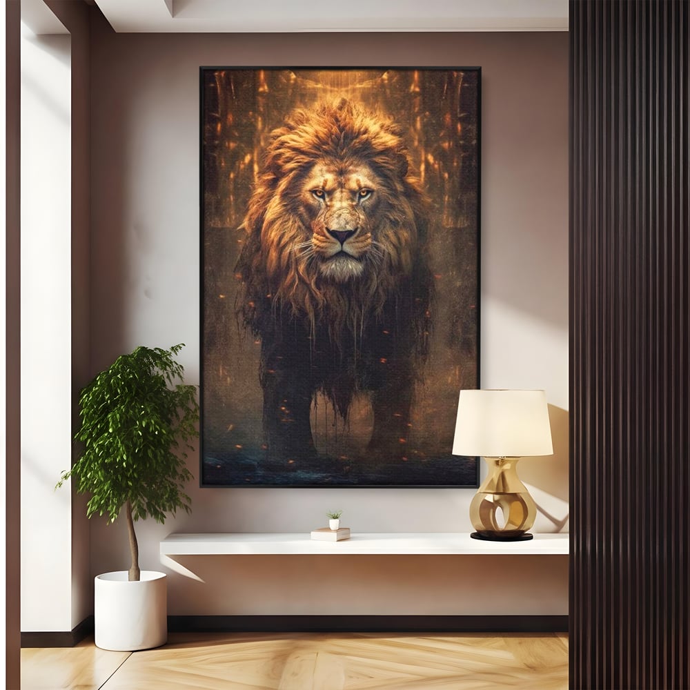Leinwand Wandkunst Canvas Premium, LuxCanva® M1364, Geboren aus Feuer, Löwe, majestätisch, legendär, Krieger, Mut, Kraft, Geist, erhaben, Flammen, Büro, Wohnen, Kinderzimmer