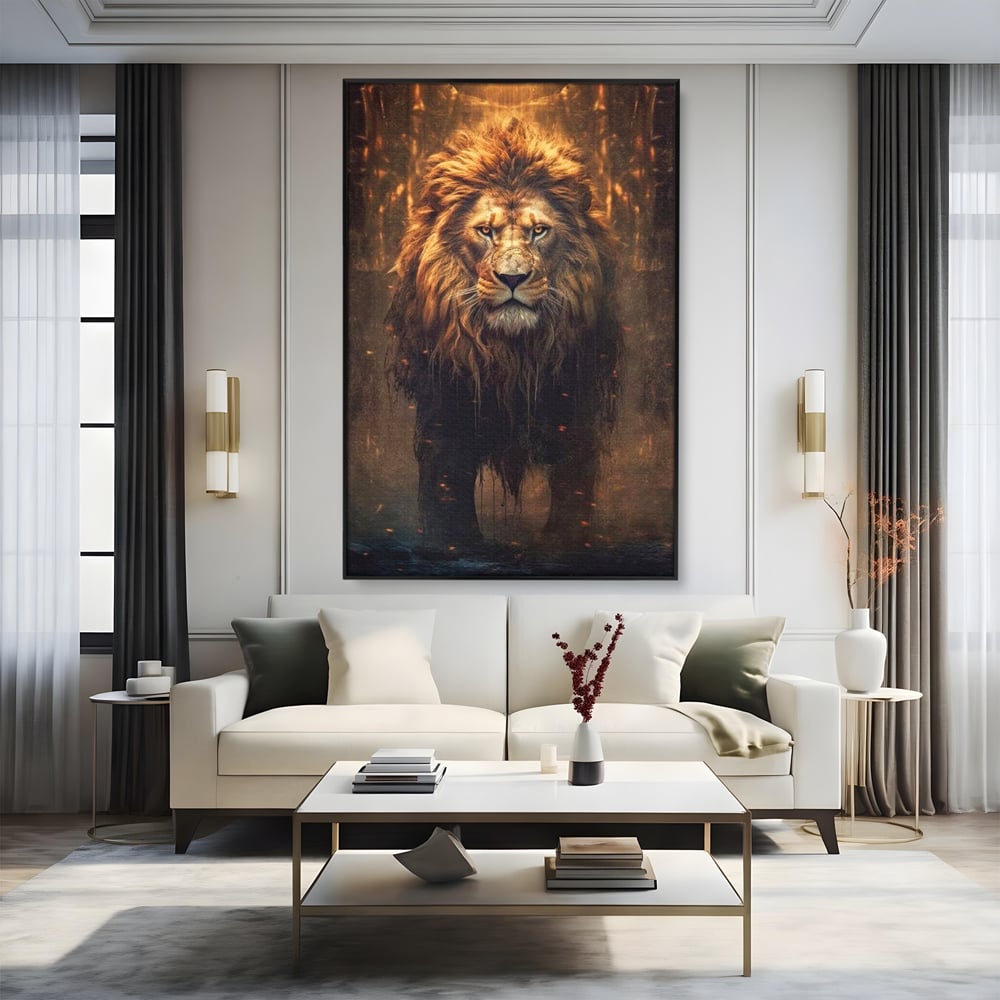 Leinwand Wandkunst Canvas Premium, LuxCanva® M1364, Geboren aus Feuer, Löwe, majestätisch, legendär, Krieger, Mut, Kraft, Geist, erhaben, Flammen, Büro, Wohnen, Kinderzimmer