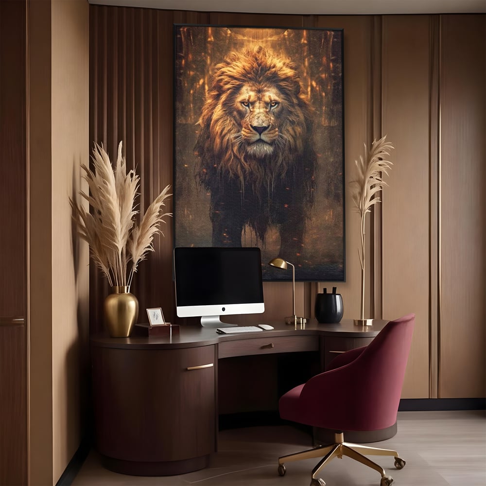 Leinwand Wandkunst Canvas Premium, LuxCanva® M1364, Geboren aus Feuer, Löwe, majestätisch, legendär, Krieger, Mut, Kraft, Geist, erhaben, Flammen, Büro, Wohnen, Kinderzimmer
