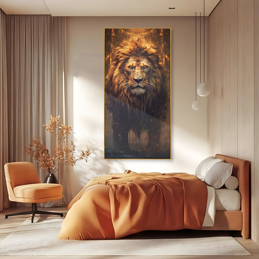 Leinwand Wandkunst Canvas Premium, LuxCanva® M1364, Geboren aus Feuer, Löwe, majestätisch, legendär, Krieger, Mut, Kraft, Geist, erhaben, Flammen, Büro, Wohnen, Kinderzimmer