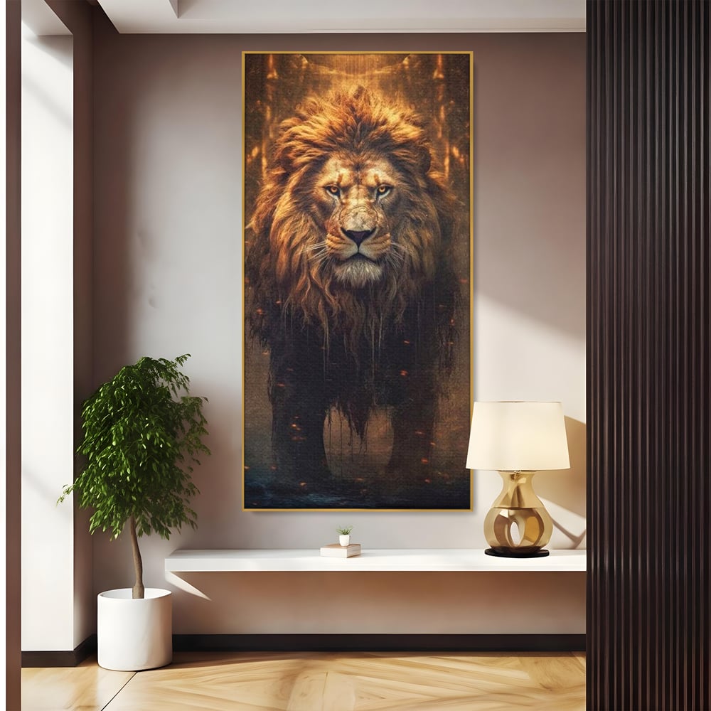 Leinwand Wandkunst Canvas Premium, LuxCanva® M1364, Geboren aus Feuer, Löwe, majestätisch, legendär, Krieger, Mut, Kraft, Geist, erhaben, Flammen, Büro, Wohnen, Kinderzimmer