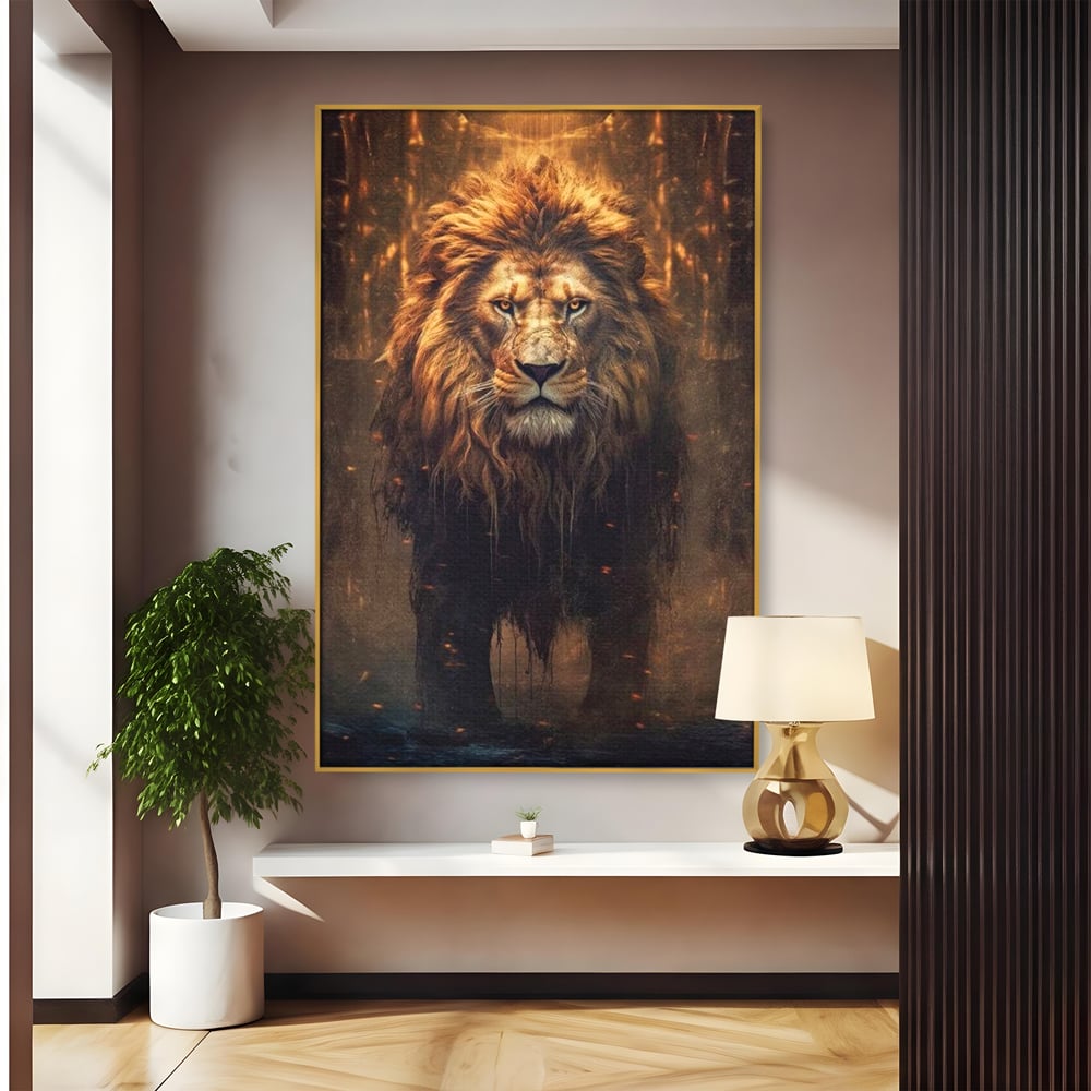 Leinwand Wandkunst Canvas Premium, LuxCanva® M1364, Geboren aus Feuer, Löwe, majestätisch, legendär, Krieger, Mut, Kraft, Geist, erhaben, Flammen, Büro, Wohnen, Kinderzimmer