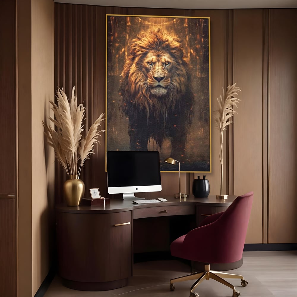 Leinwand Wandkunst Canvas Premium, LuxCanva® M1364, Geboren aus Feuer, Löwe, majestätisch, legendär, Krieger, Mut, Kraft, Geist, erhaben, Flammen, Büro, Wohnen, Kinderzimmer
