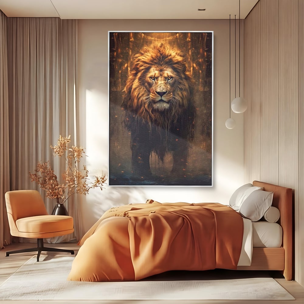 Leinwand Wandkunst Canvas Premium, LuxCanva® M1364, Geboren aus Feuer, Löwe, majestätisch, legendär, Krieger, Mut, Kraft, Geist, erhaben, Flammen, Büro, Wohnen, Kinderzimmer